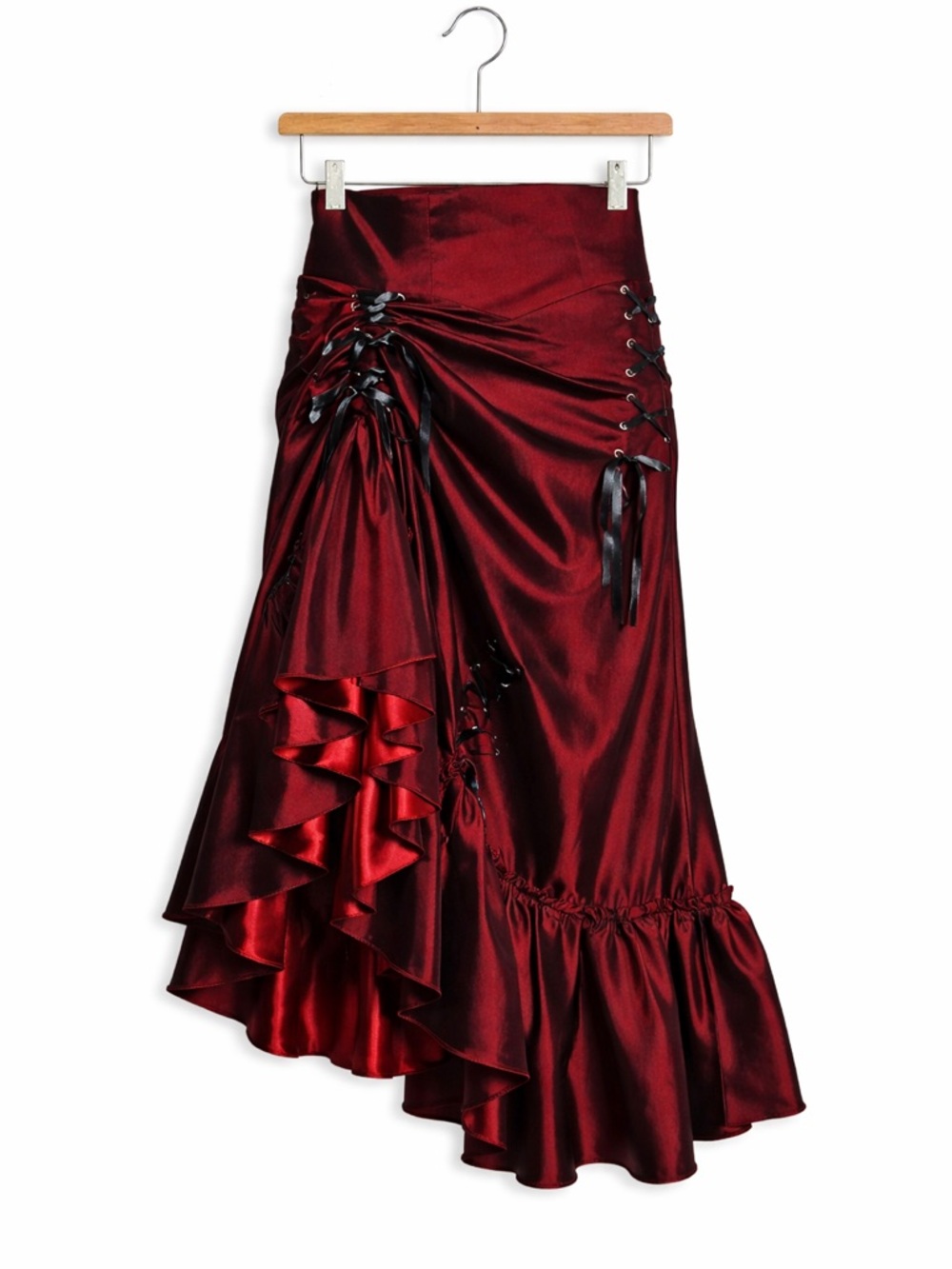 Red Silky Lace Up Trumpet Skirt - Picture 5 of 6